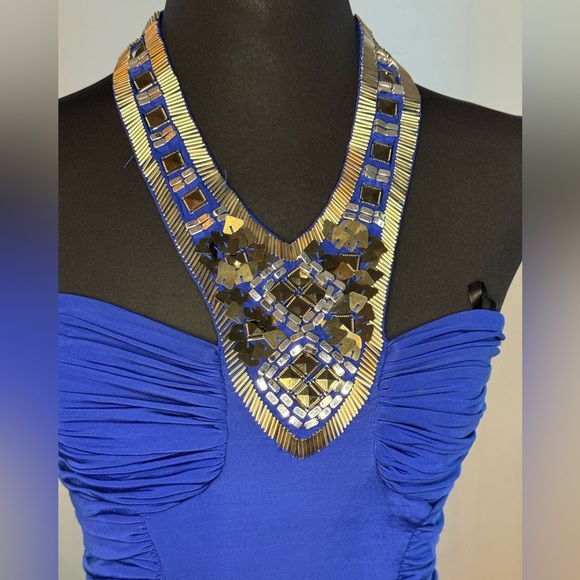 Bebe Y2K Royal Blue Ruched Bodycon Mini Dress Jeweled Halter Vegas Club Size S - Picture 2 of 5